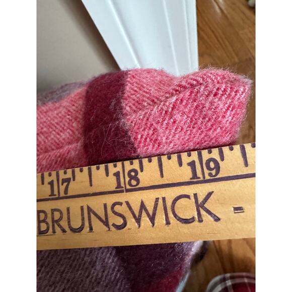 WILLIAMS SONOMA wool plaid pillow pink red green 20x20”with down feather insert - Picture 8 of 14